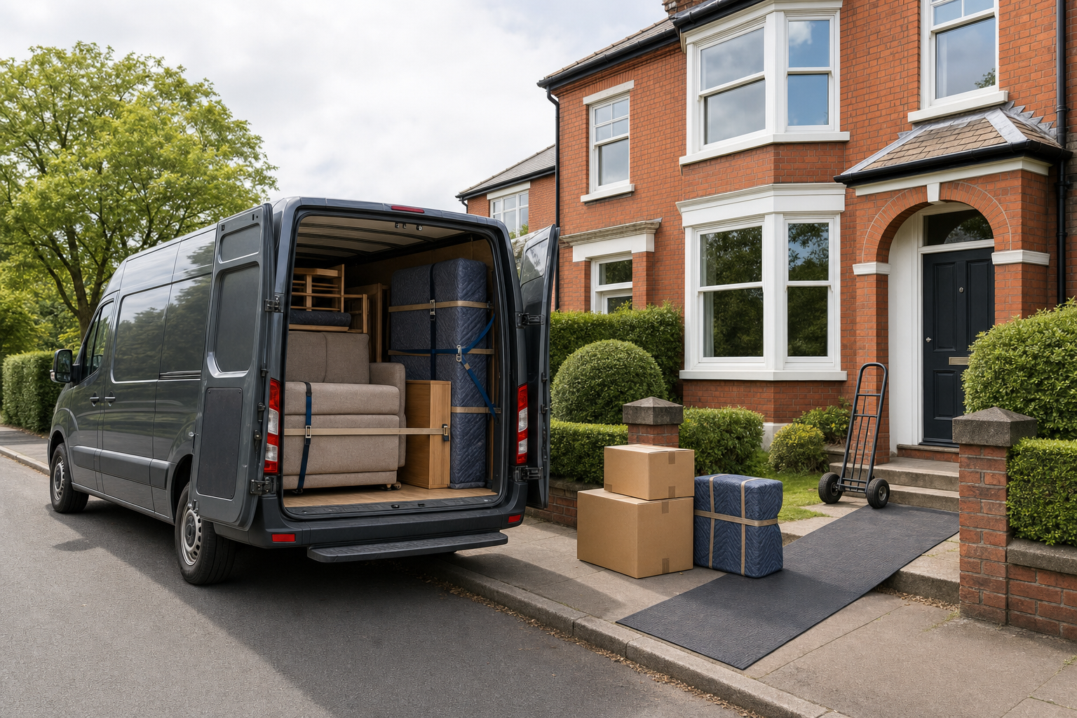 A removal van parked outside a house with furniture and boxes ready for unloading.