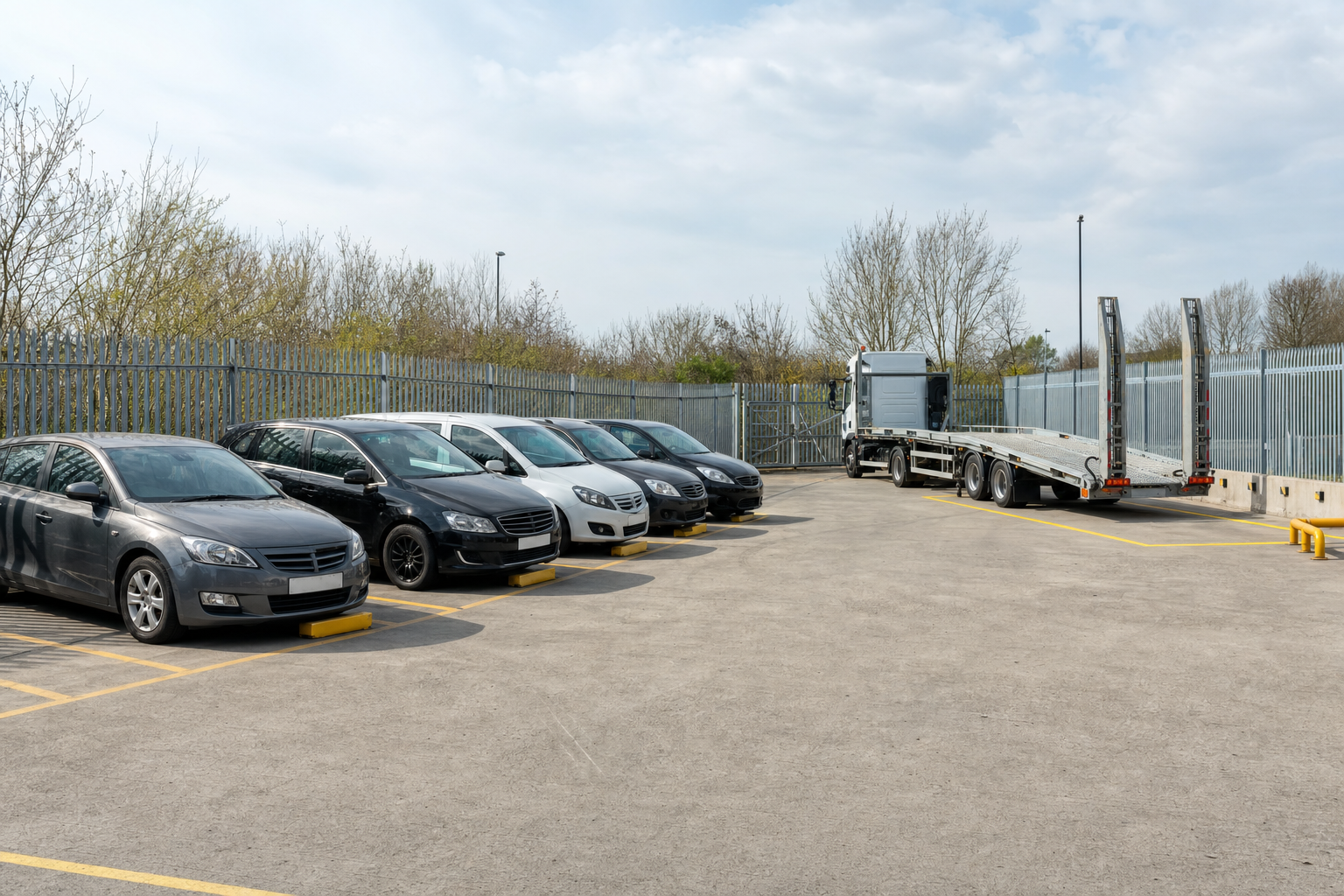 A row of parked cars beside an empty car transporter lorry in a fenced outdoor lot.