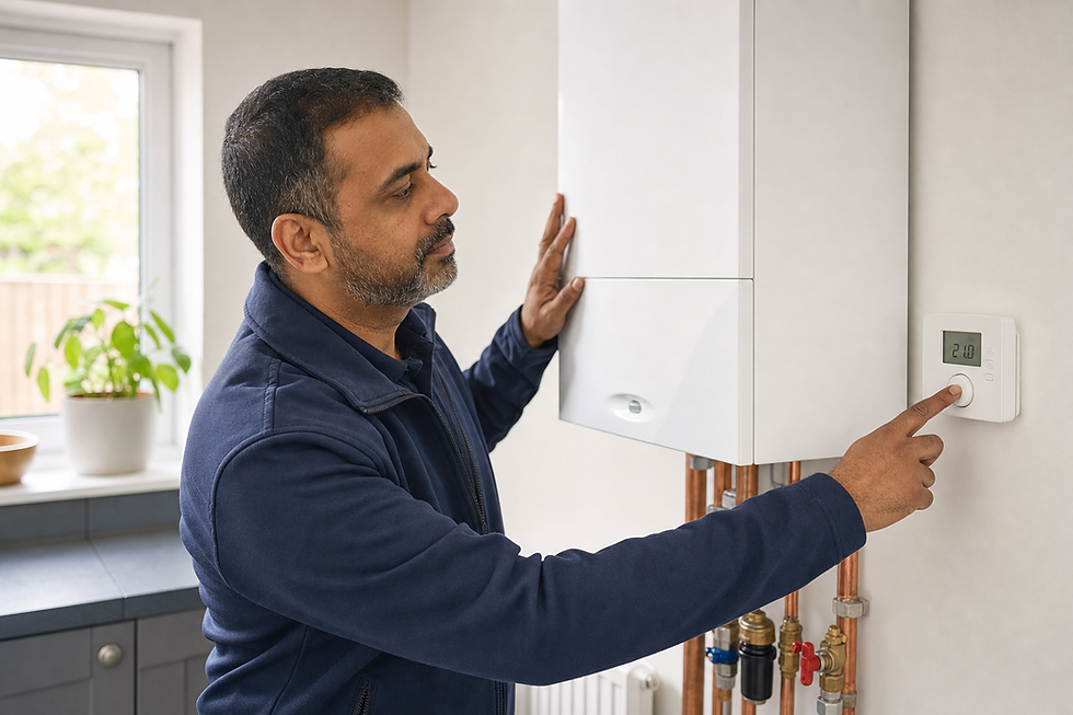 A man adjusts the temperature on a thermostat next to a white boiler in a modern kitchen.