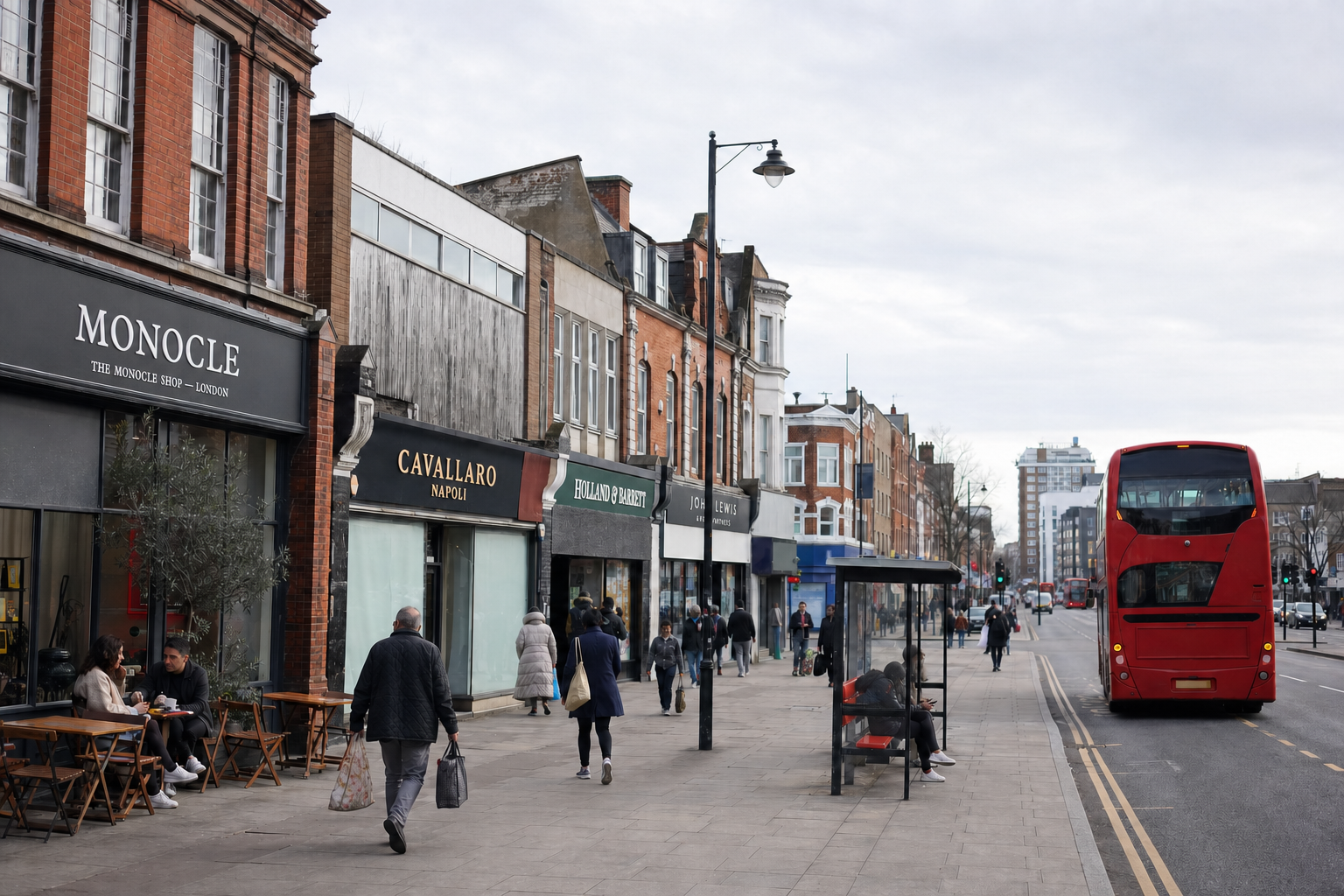 A bustling London street with red double-decker bus, shops, and people walking or seated at a café.