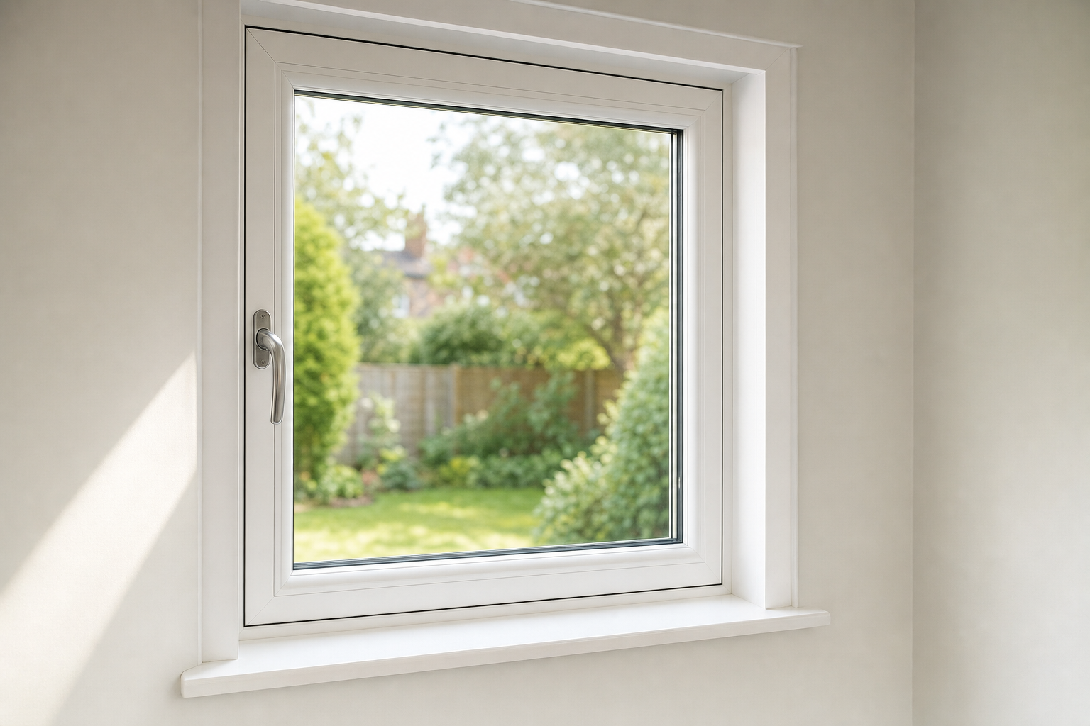 A white-framed window reveals a view of a lush, sunlit garden with trees and a wooden fence.