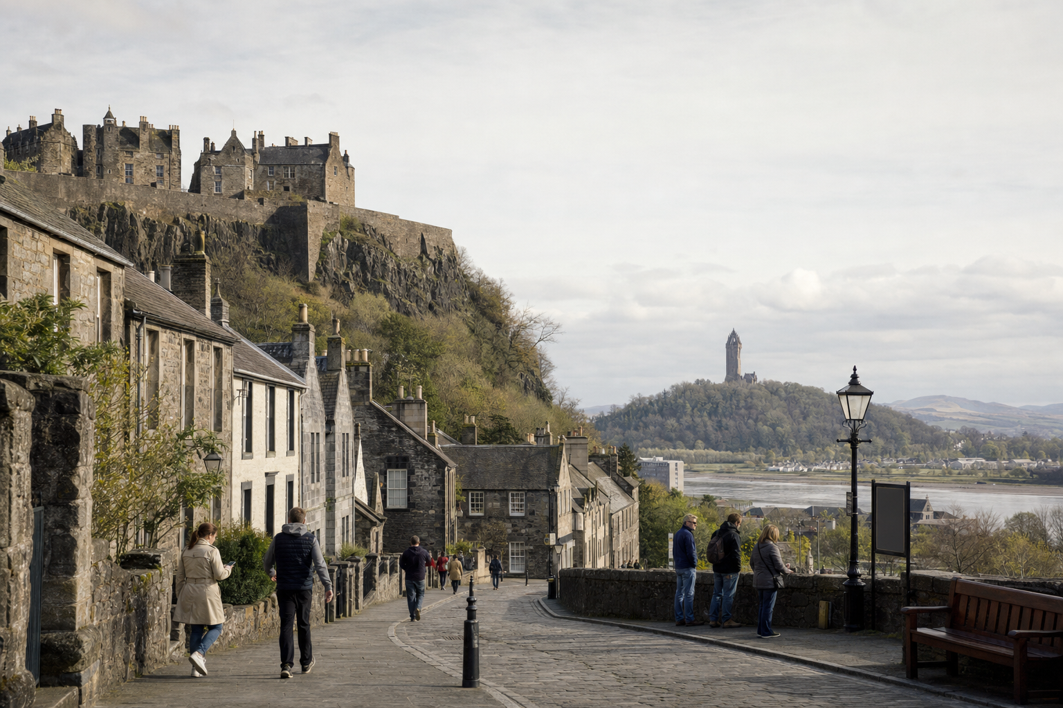 A scenic view of a historic castle on a hill with people walking down a cobbled street.