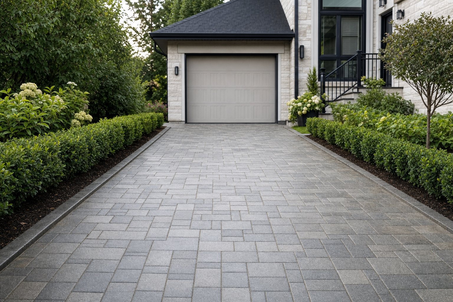 A modern house with a neatly paved driveway, bordered by lush green hedges leading to a closed garage door.