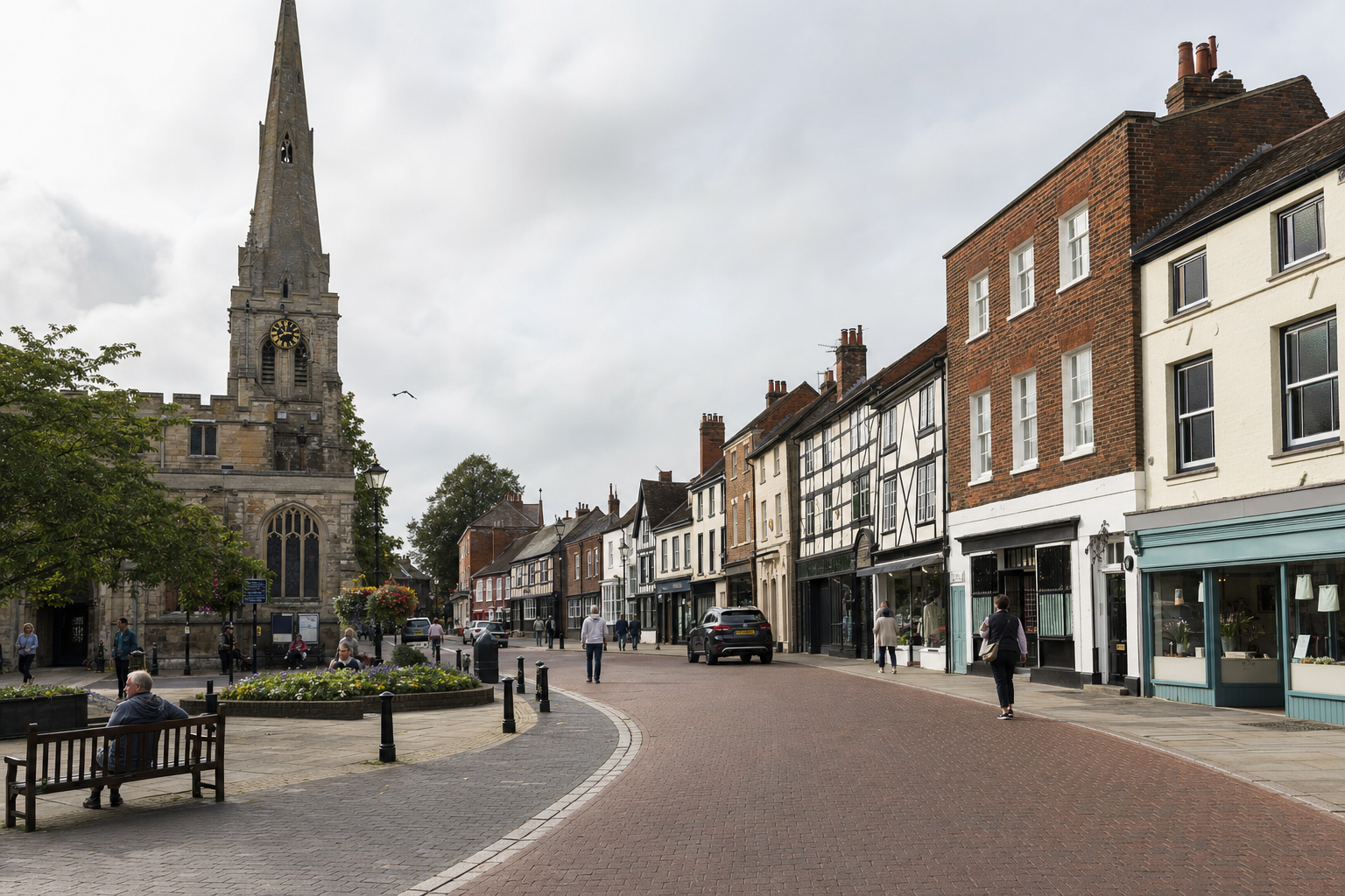 Historic high street with half-timbered buildings and a church spire, featuring pedestrians and a few parked cars.