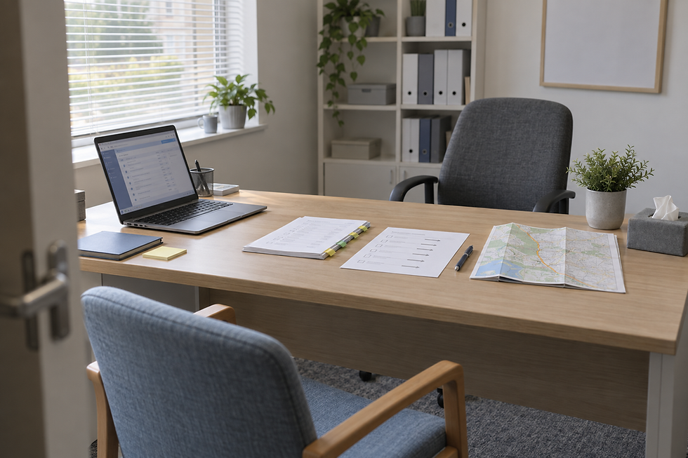 A tidy office with a laptop, documents, and a map on a wooden desk, surrounded by a window and bookshelves.