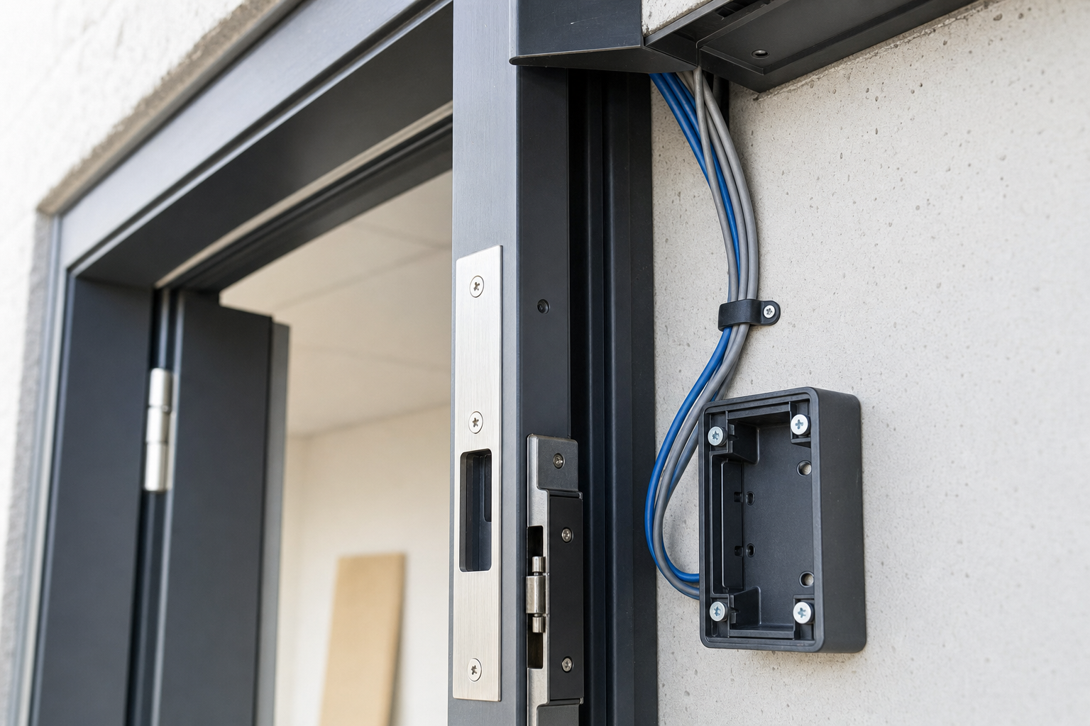 Door frame with visible blue and grey cables and a mounted electrical box on the wall.