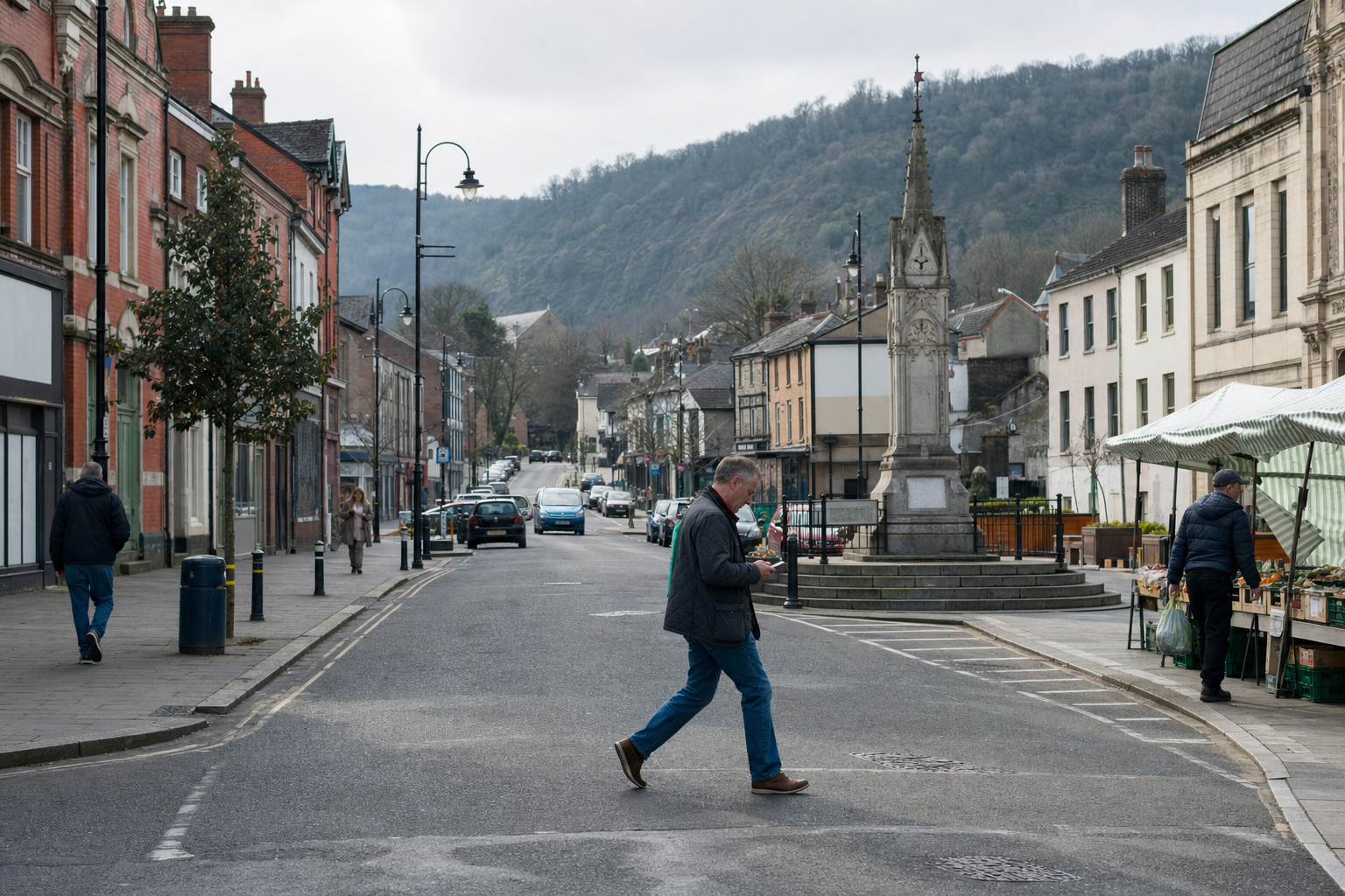 A man walks across a quiet street in a small town, checking his phone, with shops and a monument around.
