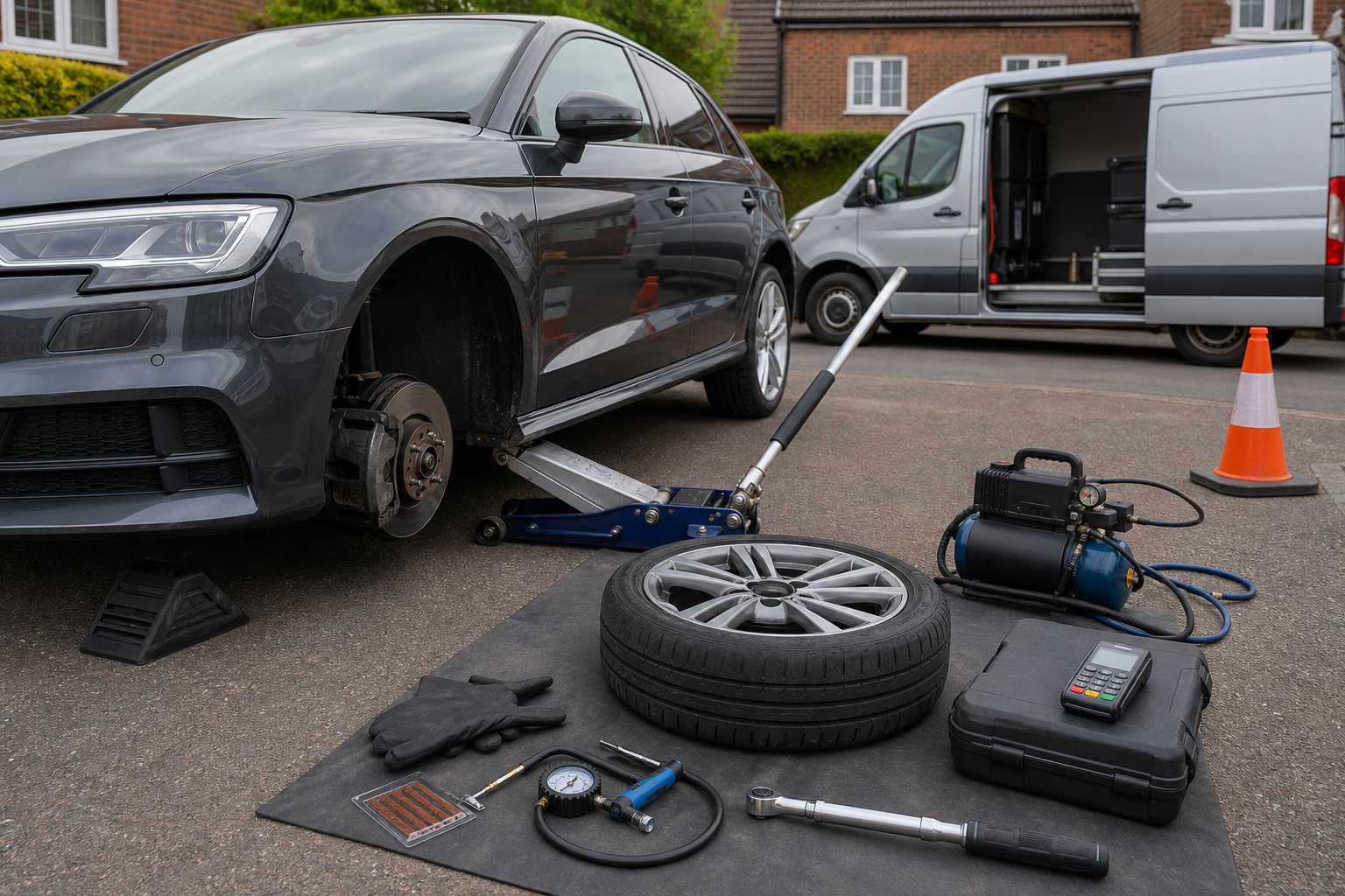 Car with a missing wheel being serviced next to a van, with tools and equipment laid out nearby.