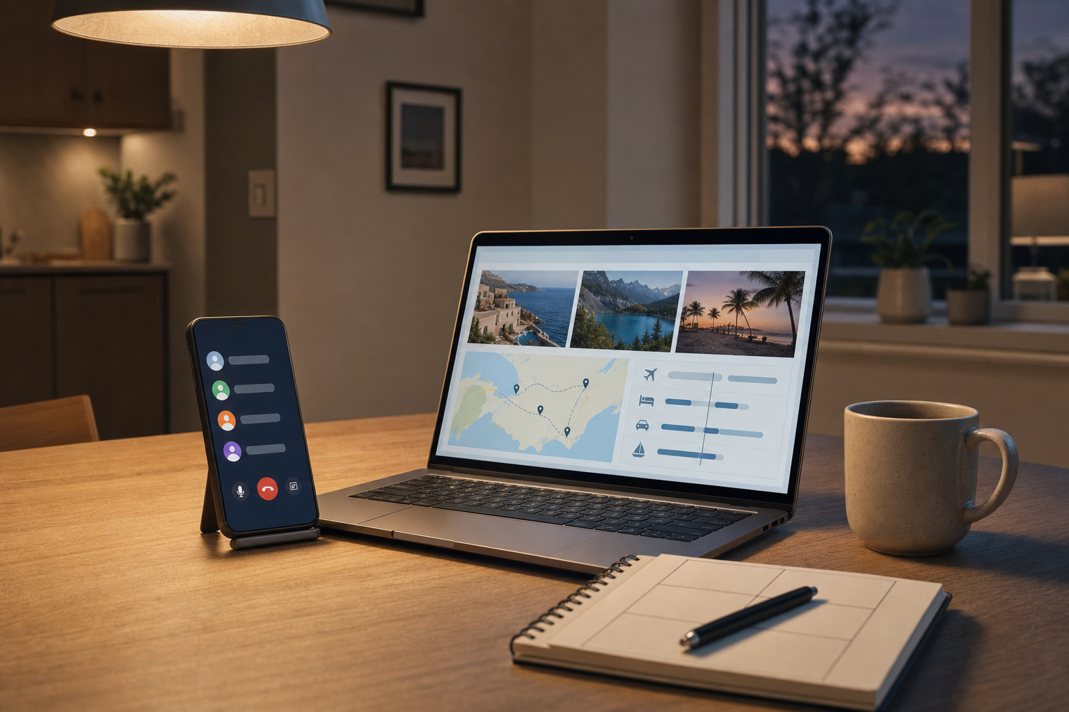 A laptop and smartphone displaying travel planning apps on a wooden desk with a notebook and mug, under a warm lamp.
