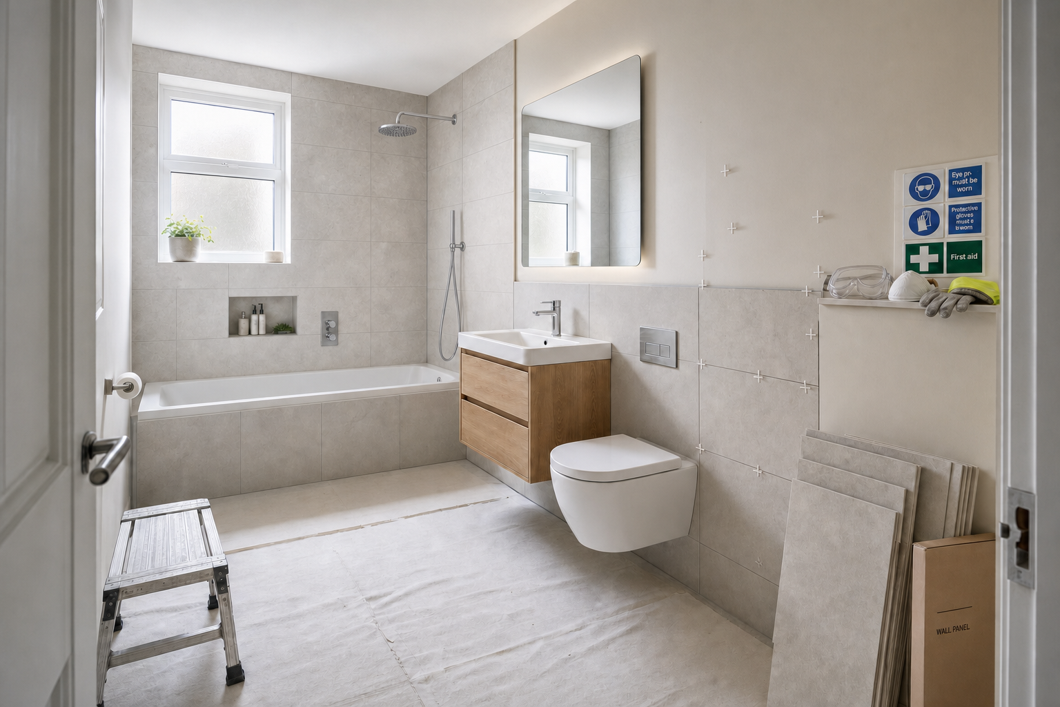 Modern bathroom under renovation with a partially tiled wall, a bathtub, floating vanity, and safety equipment.