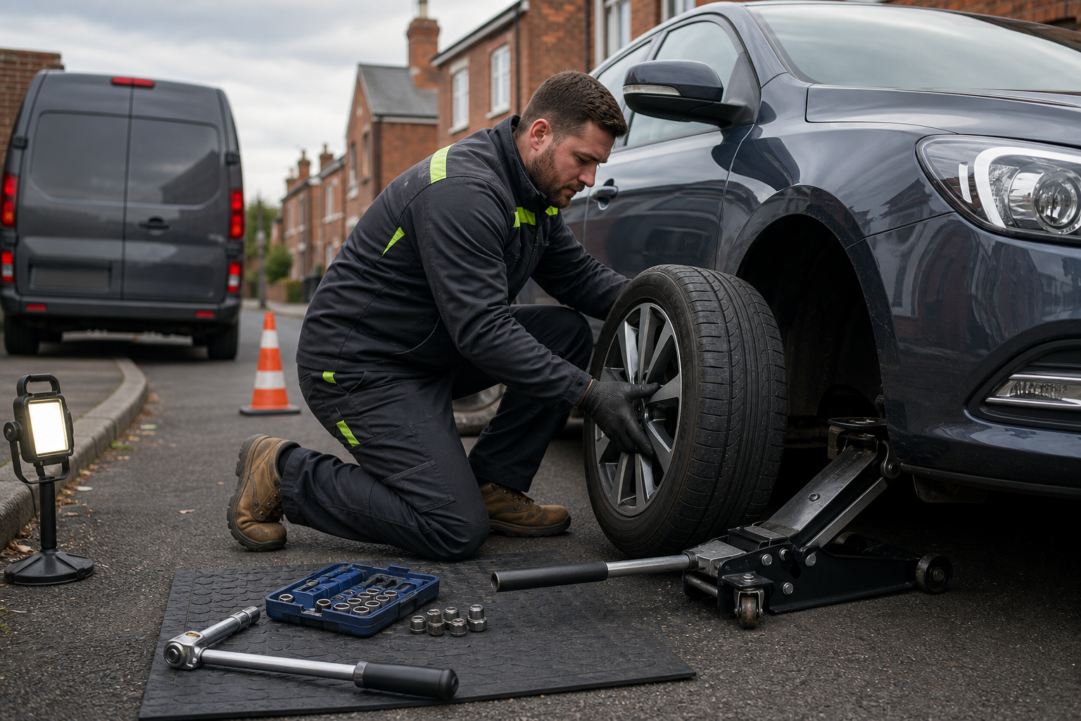 Mechanic changing a car tyre on a street with tools laid out beside him.
