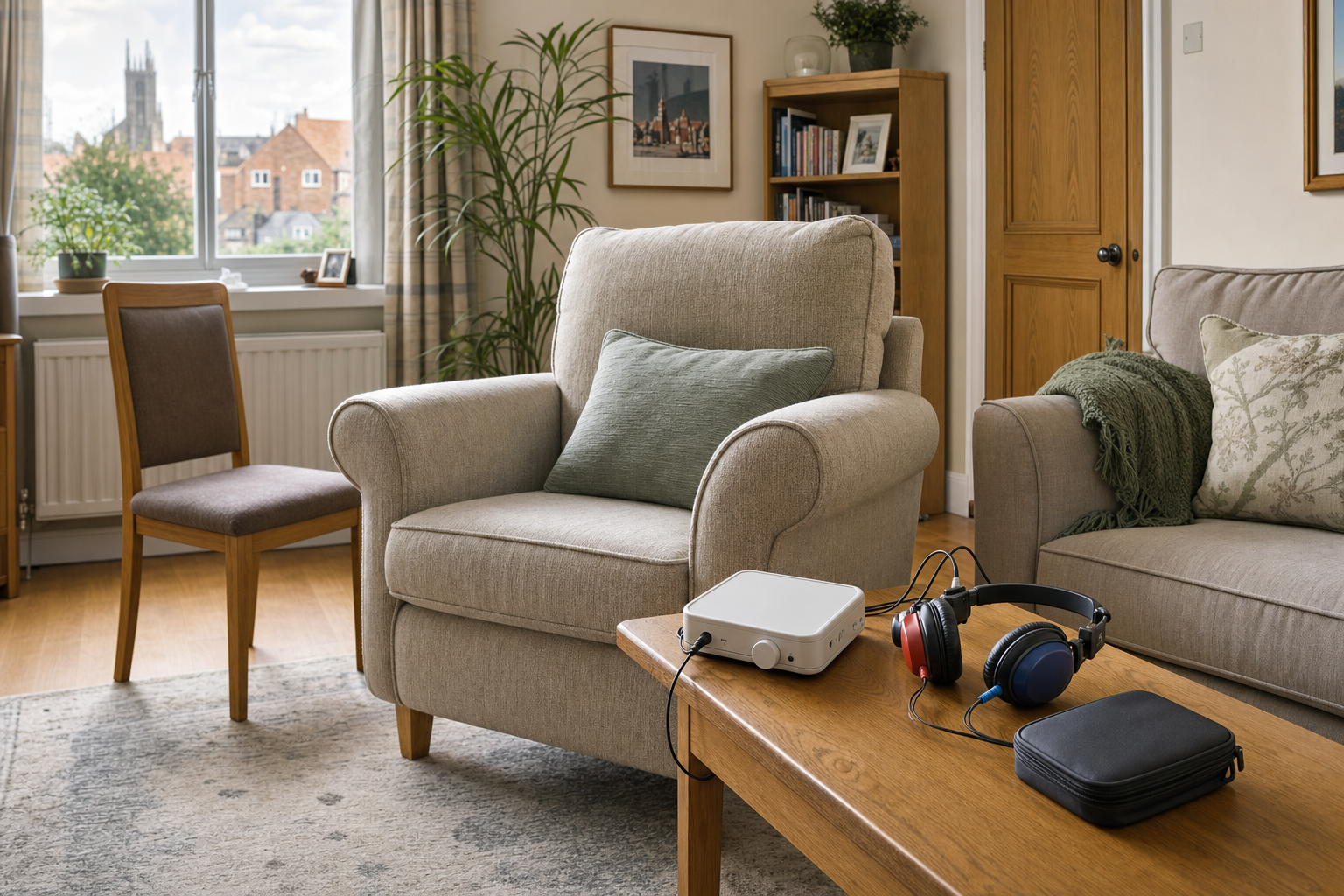 A cosy living room with a beige armchair, a wooden coffee table, colourful headphones, and a view of a church through the window.