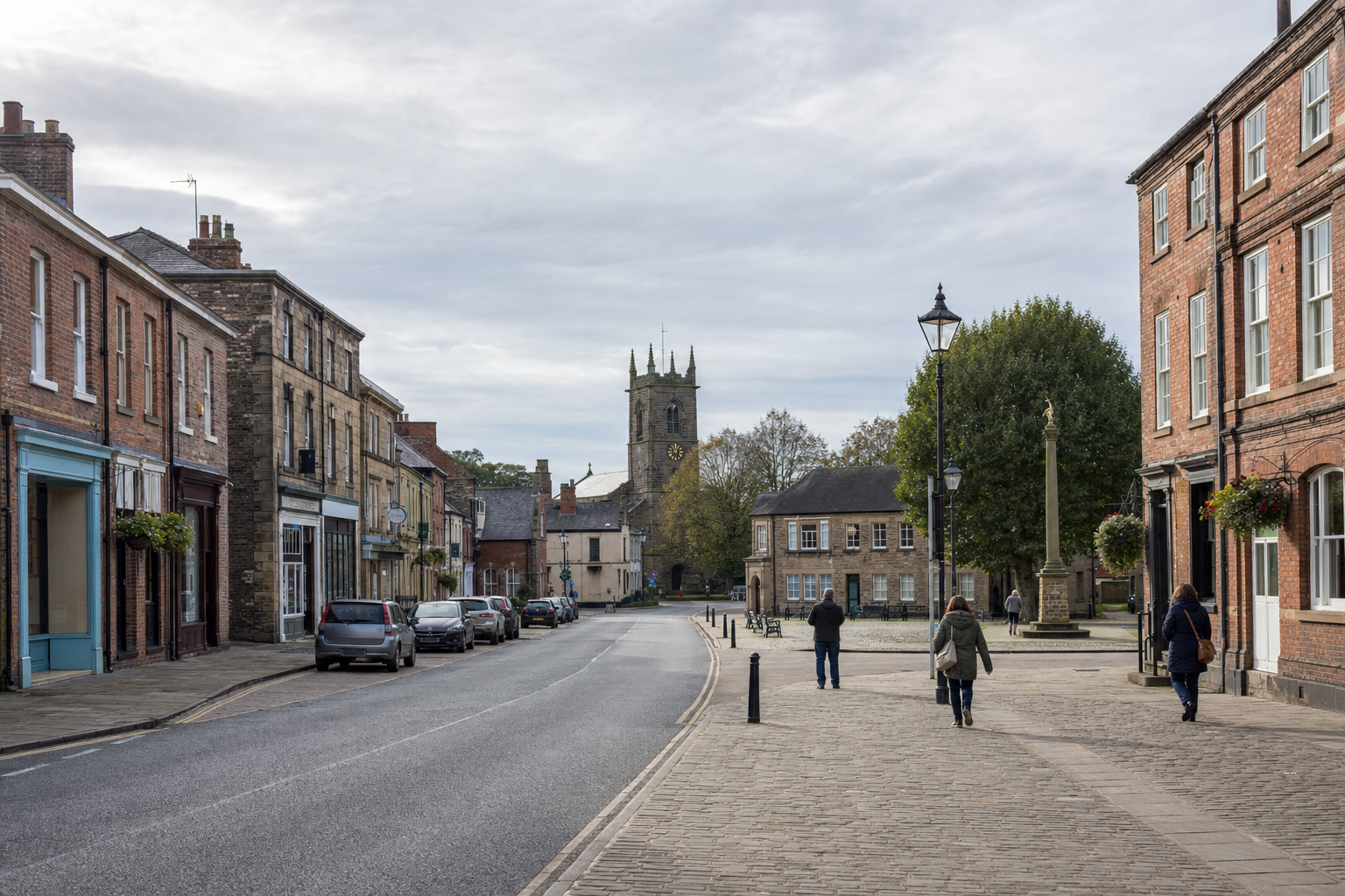 A quiet street lined with historic buildings leads to a church tower in the distance, with a few pedestrians walking.