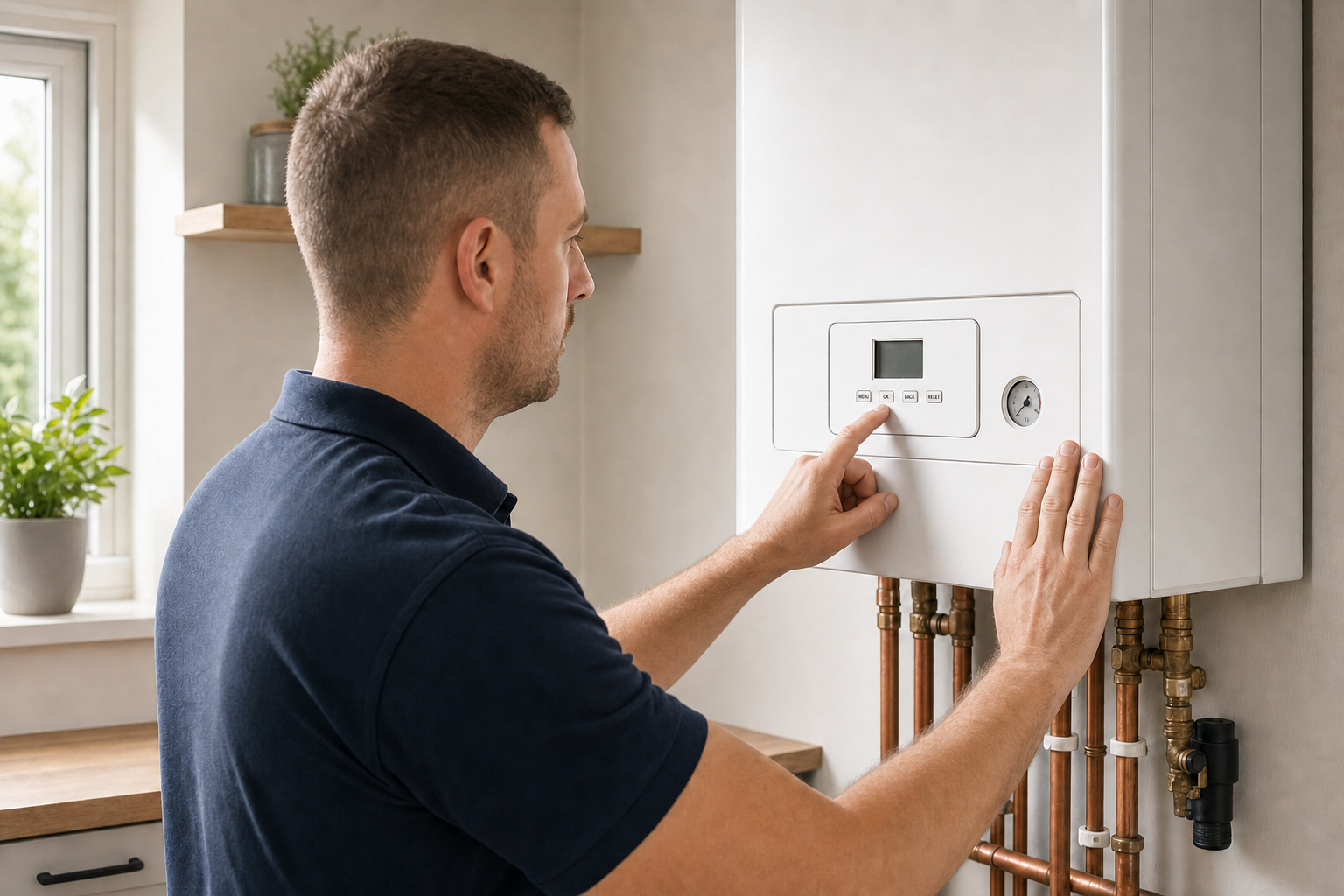Man adjusting a digital thermostat on a wall-mounted boiler in a modern kitchen.