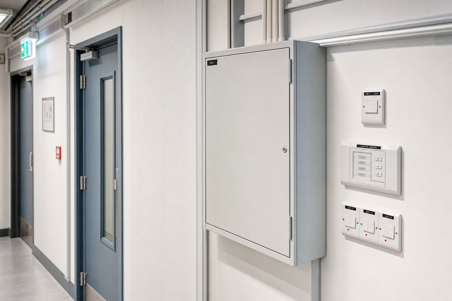 A corridor with grey doors, an electrical control panel, light switches, and an exit sign.