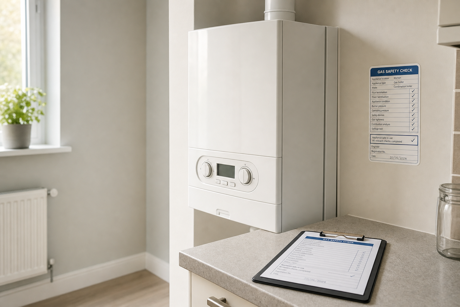 A white gas boiler in a kitchen with a safety checklist and clipboard on the counter.