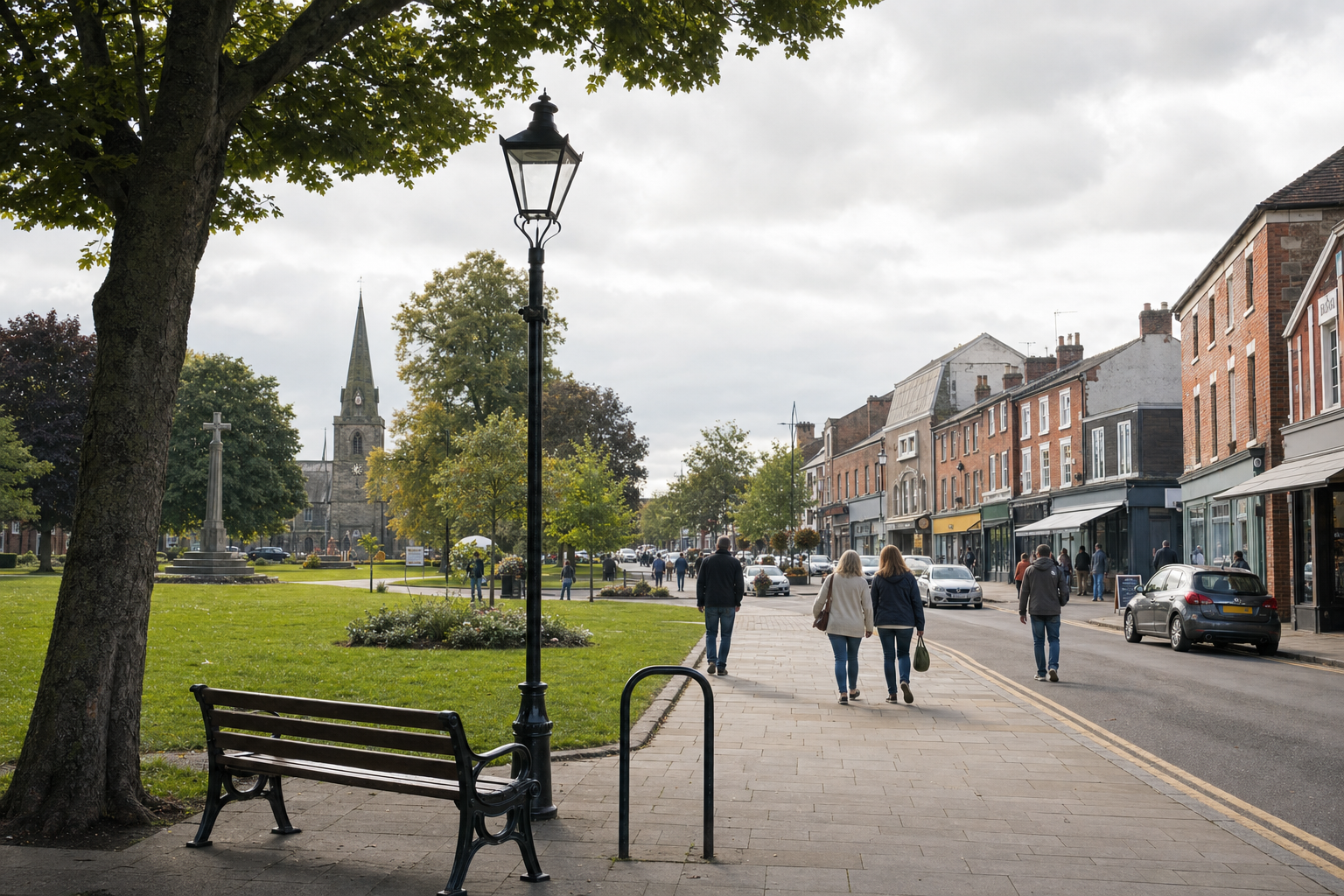 A quaint street scene with people strolling along a path lined with shops and a church visible in the distance.