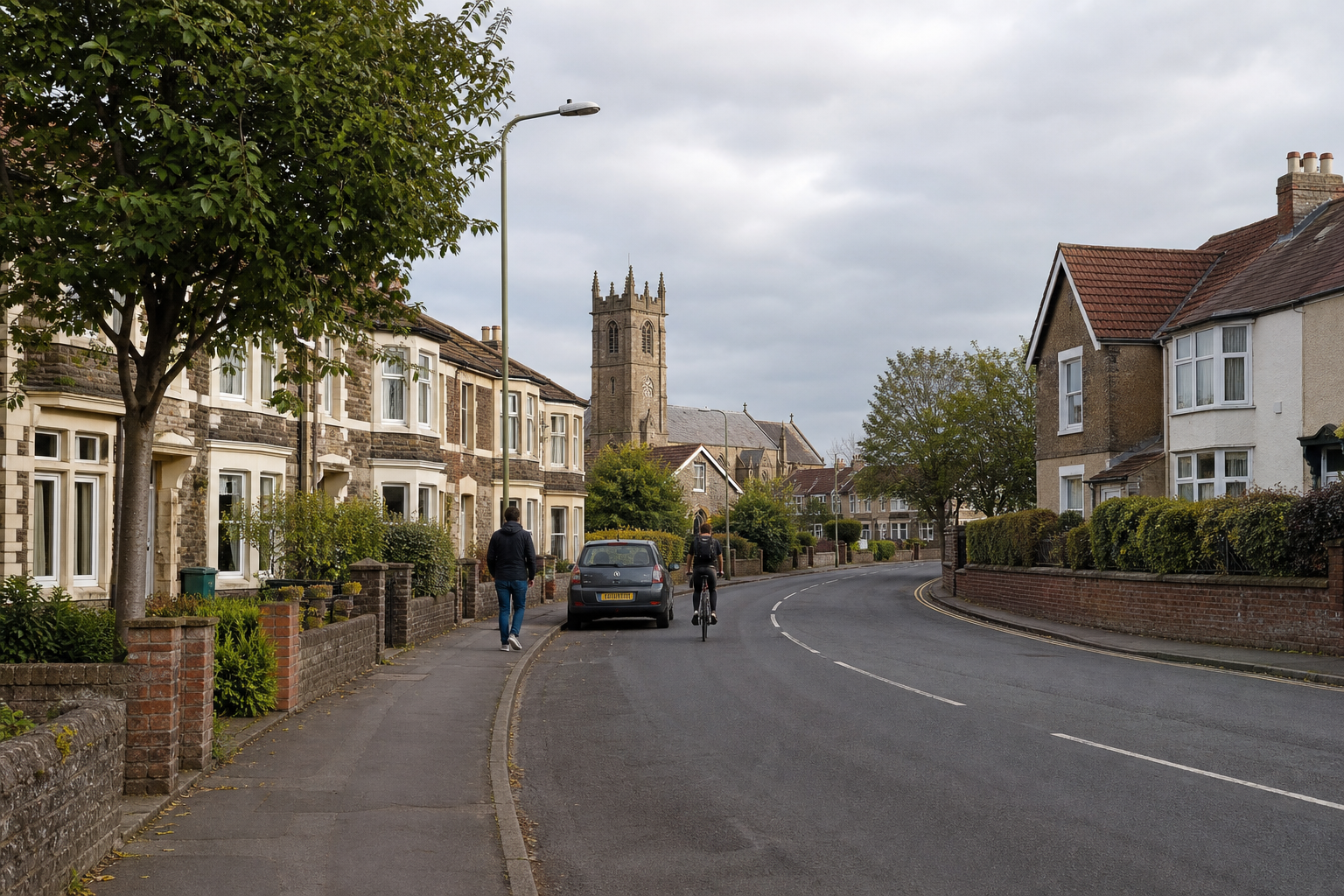 A quiet suburban street with traditional houses and a cyclist, leading to a historic church in the distance.