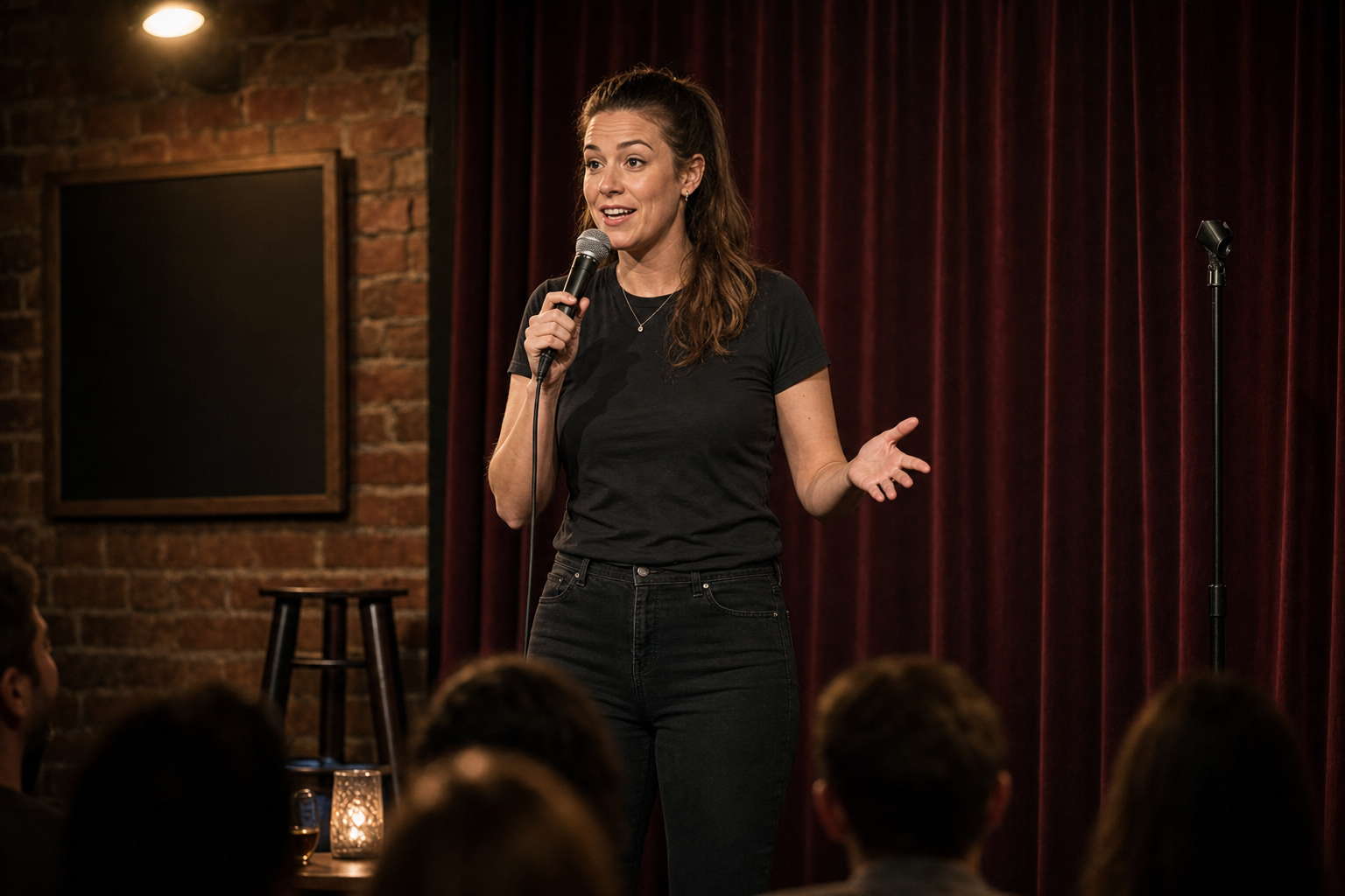 A comedian performs on stage with a microphone in hand, engaging the audience in an intimate comedy club setting.