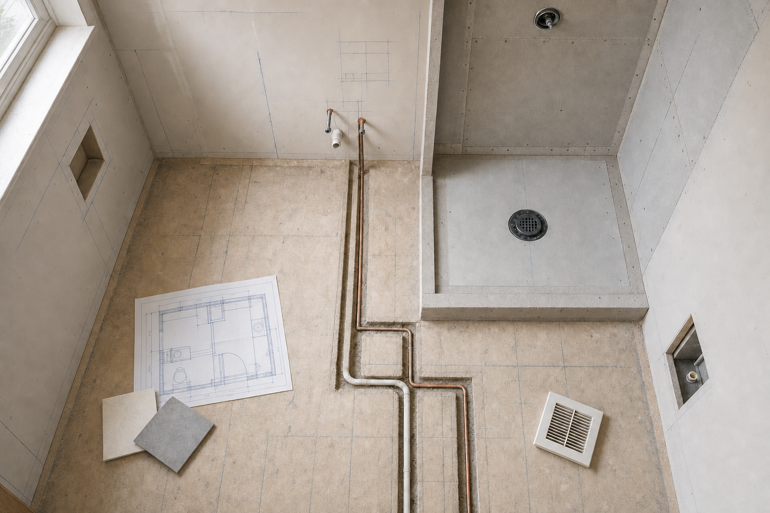 Construction of a bathroom with exposed pipes, a shower area, floor plan, and tiles on the floor.