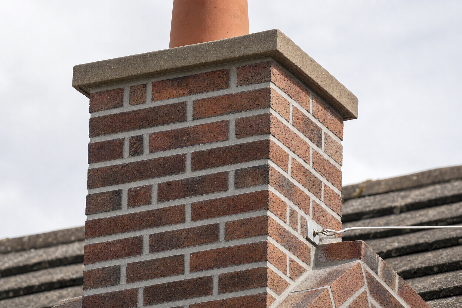 A red brick chimney with a metal cap and an attached cable, standing on a tiled roof under a cloudy sky.