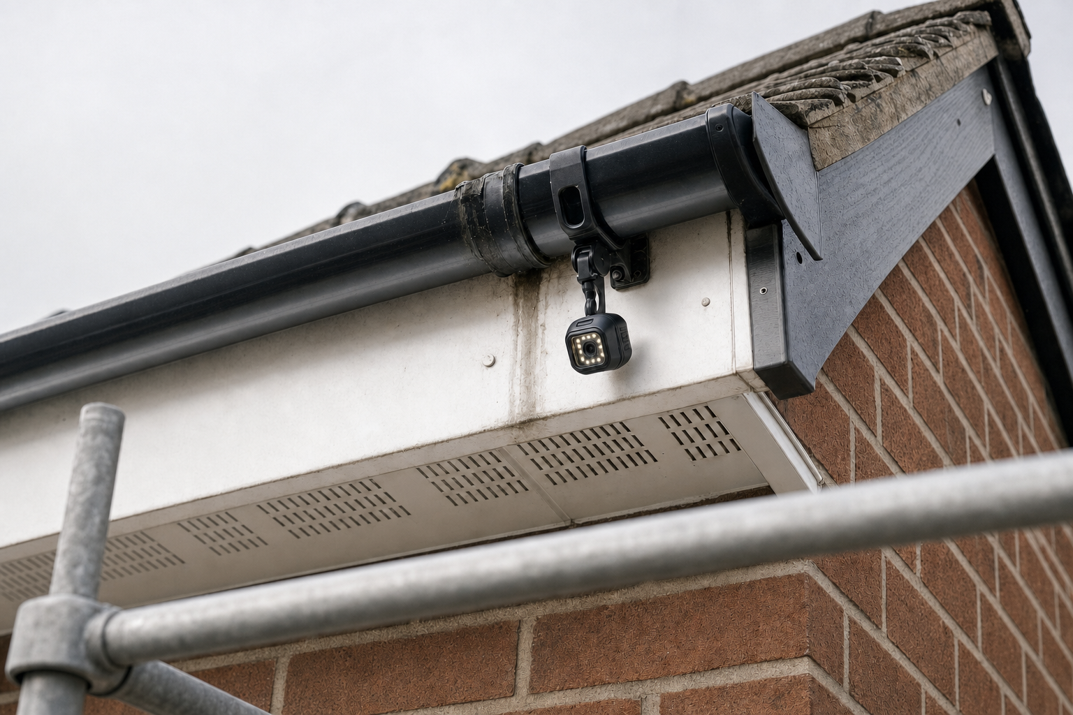 A small camera is mounted under a roof gutter on a brick building, with scaffolding visible nearby.