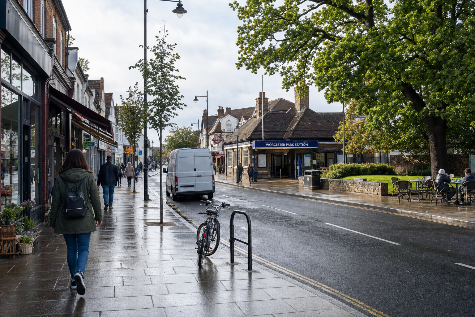 Street scene featuring pedestrians, a parked van, and Worcester Park Station with wet pavements after rain.
