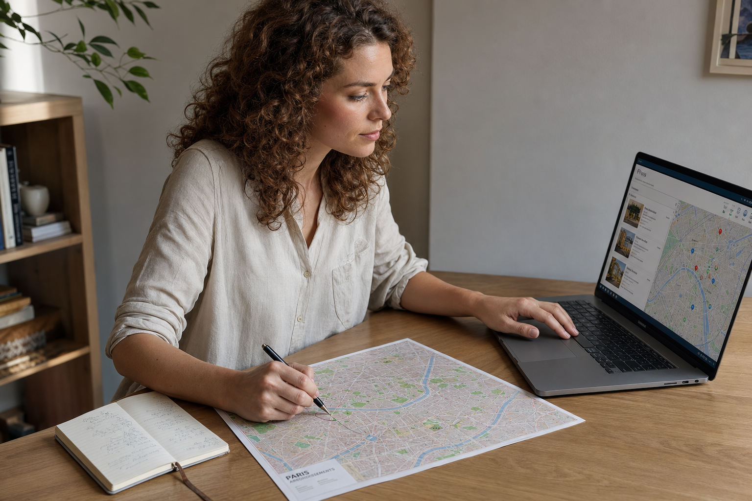 Woman planning a trip using a paper map and a laptop at a wooden desk.