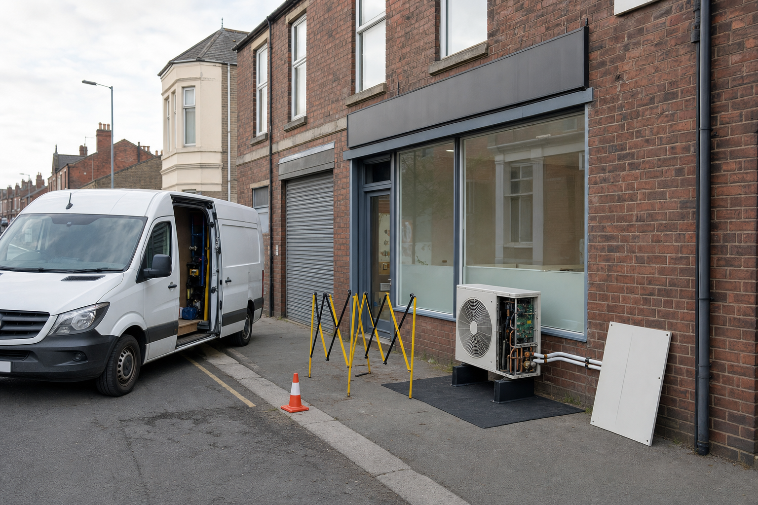 A white van parked beside a building where an air conditioning unit is being serviced, marked off with yellow barriers.