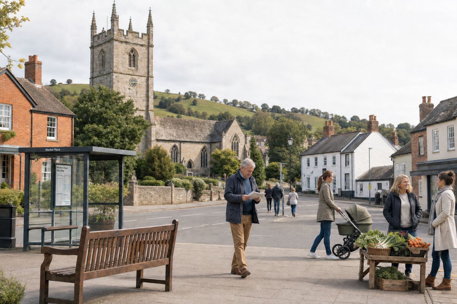 People stroll and chat near a bus stop and vegetable stand in a quaint village with a church and hills in the background.