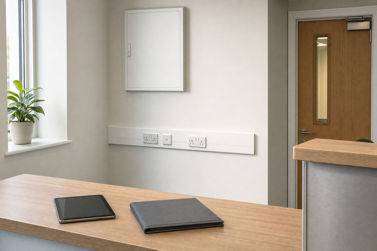 A modern reception area with a wooden counter, tablet, notebook, and a potted plant by the window.