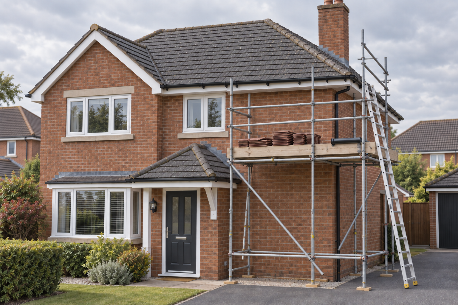 Two-storey brick house with scaffolding and stacked roof tiles on the right side.