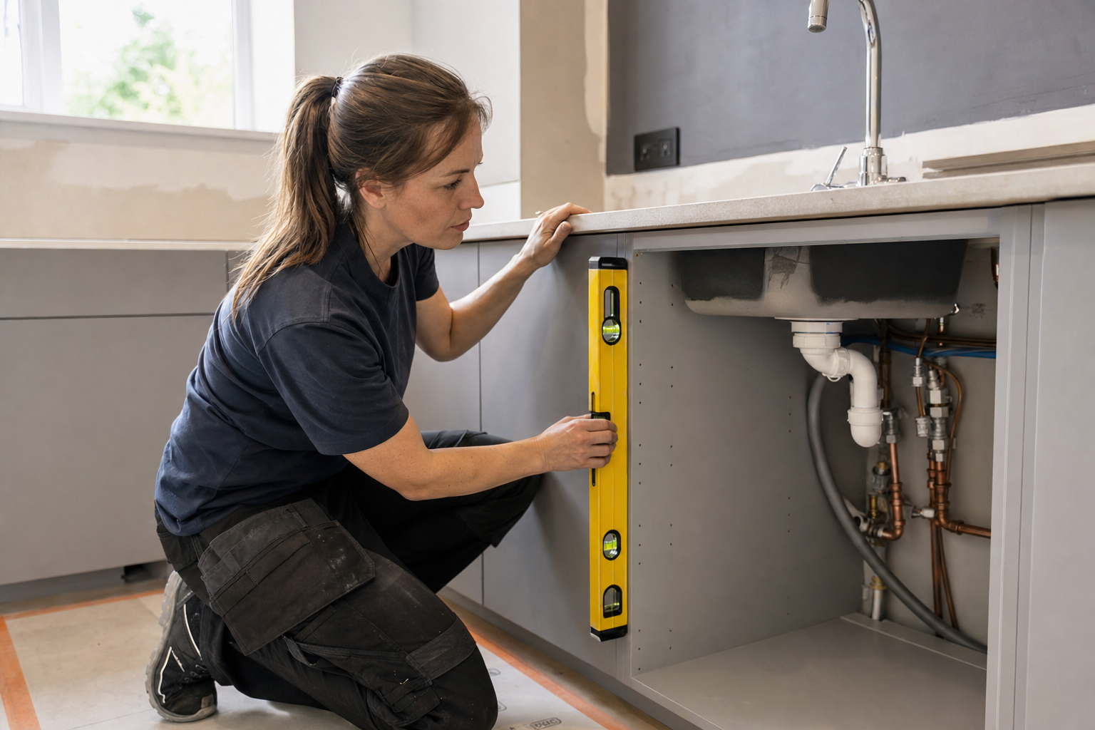 Woman using a spirit level to align a kitchen unit under a sink.