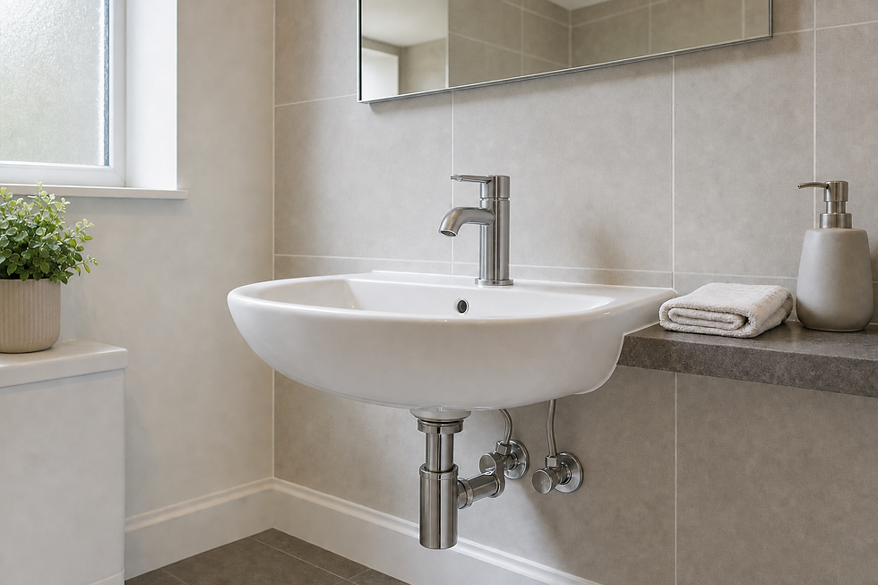 A modern bathroom with a wall-mounted sink, mirror, and silver tap, featuring a plant on the windowsill.