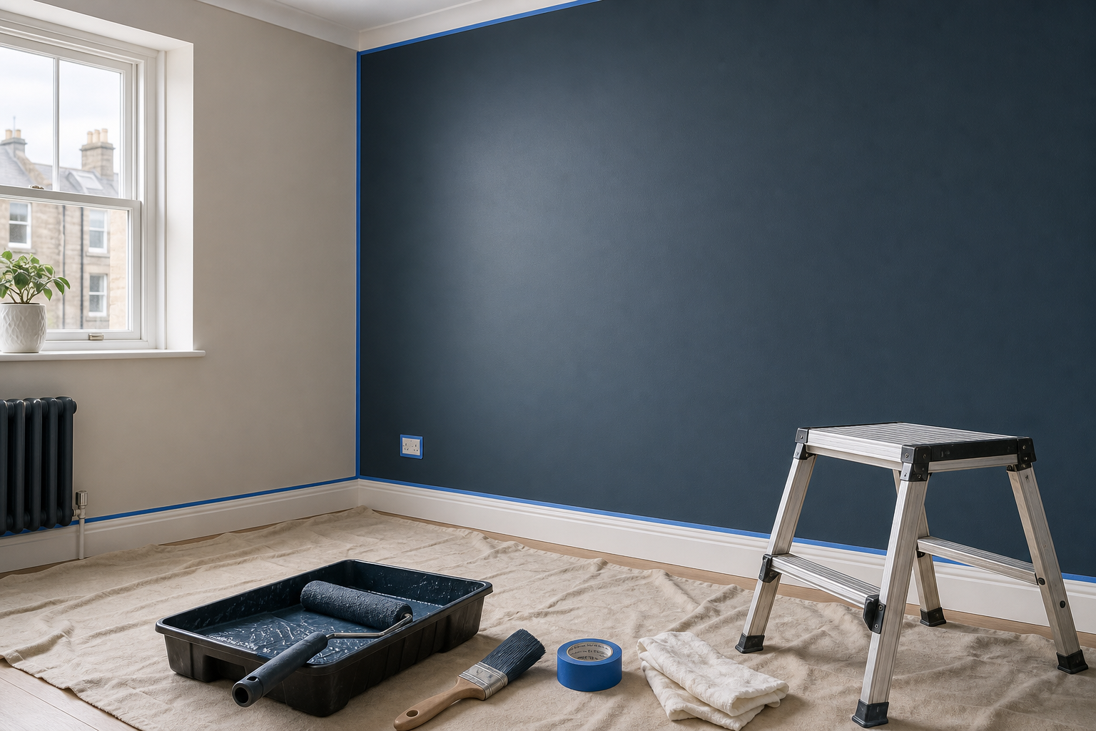 Room with navy accent wall, painting supplies on floor, and ladder beside window.