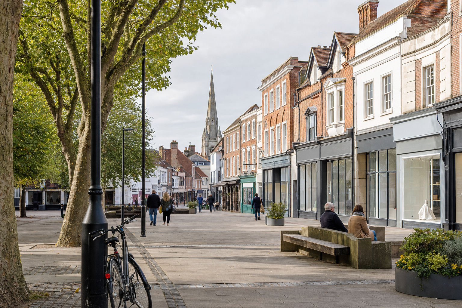 A quiet cobblestone street with people walking and sitting, lined with shops and trees, extending towards a distant church spire.