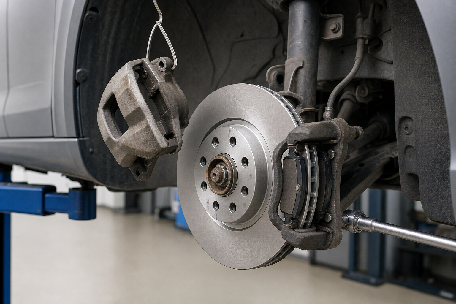 A car's brake disc and caliper assembly on a hydraulic lift in a garage setting.