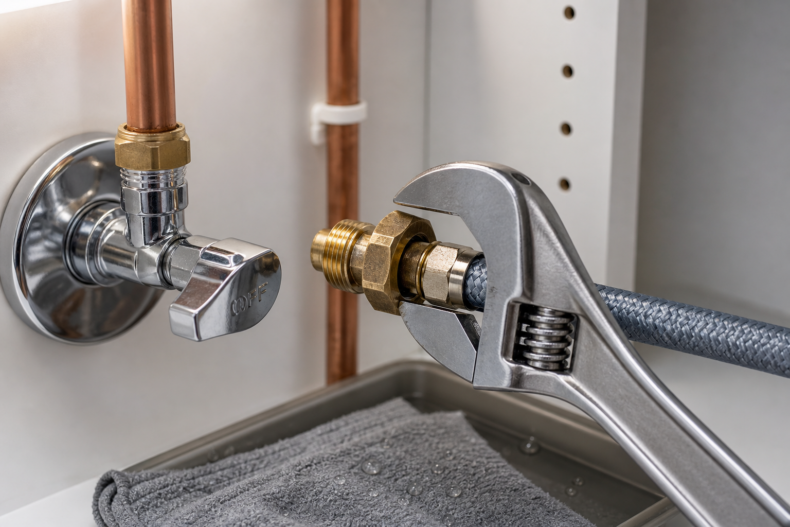 Adjustable wrench tightening a braided hose onto a copper water valve.