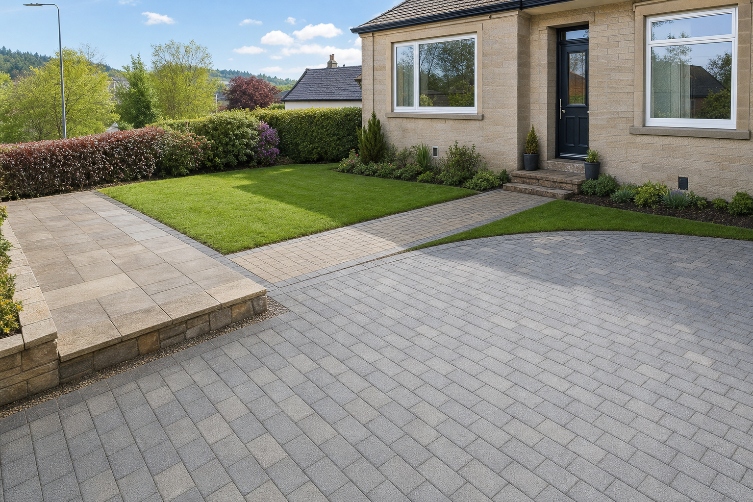 Modern house entrance with tiled pathway, small garden, and a well-maintained lawn on a sunny day.
