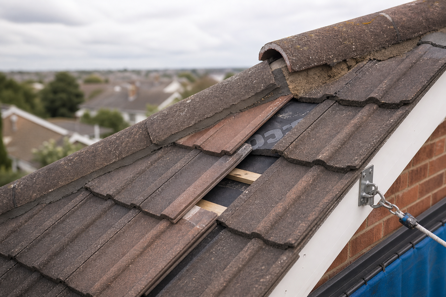 Damaged roof tiles on a brick house with a safety cable attached and blurred suburban landscape in the background.