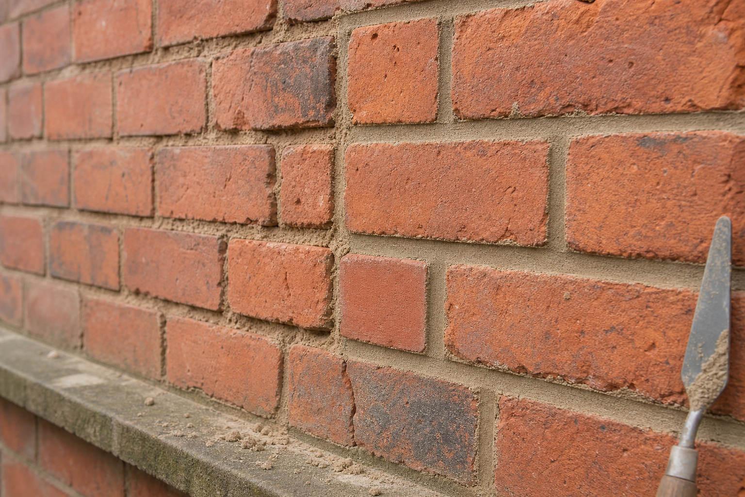 Red brick wall with fresh mortar joints and a trowel resting on the ledge.