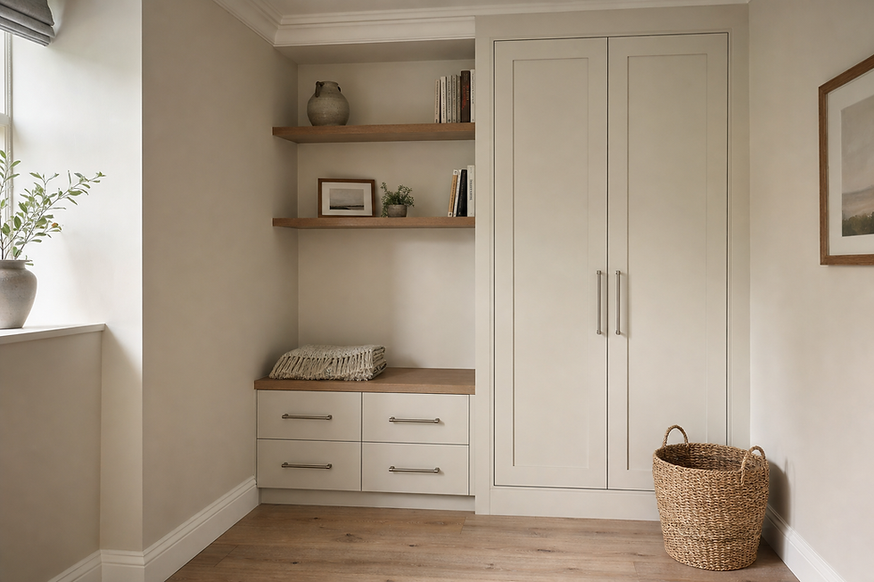 A minimalist room corner with built-in shelves, drawers, a woven basket, and a potted plant on the window sill.