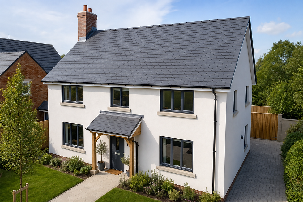 A modern two-storey detached house with a slate roof, surrounded by a well-kept garden on a sunny day.