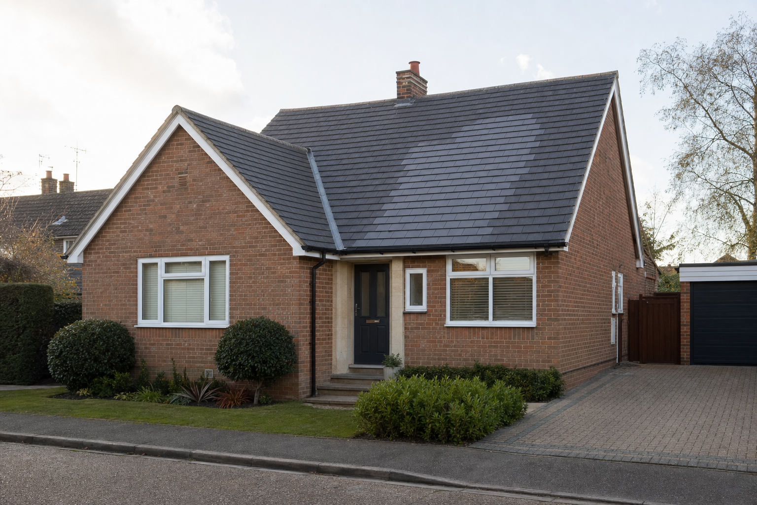 A brick bungalow with a grey tiled roof and well-kept front garden on a quiet residential street.