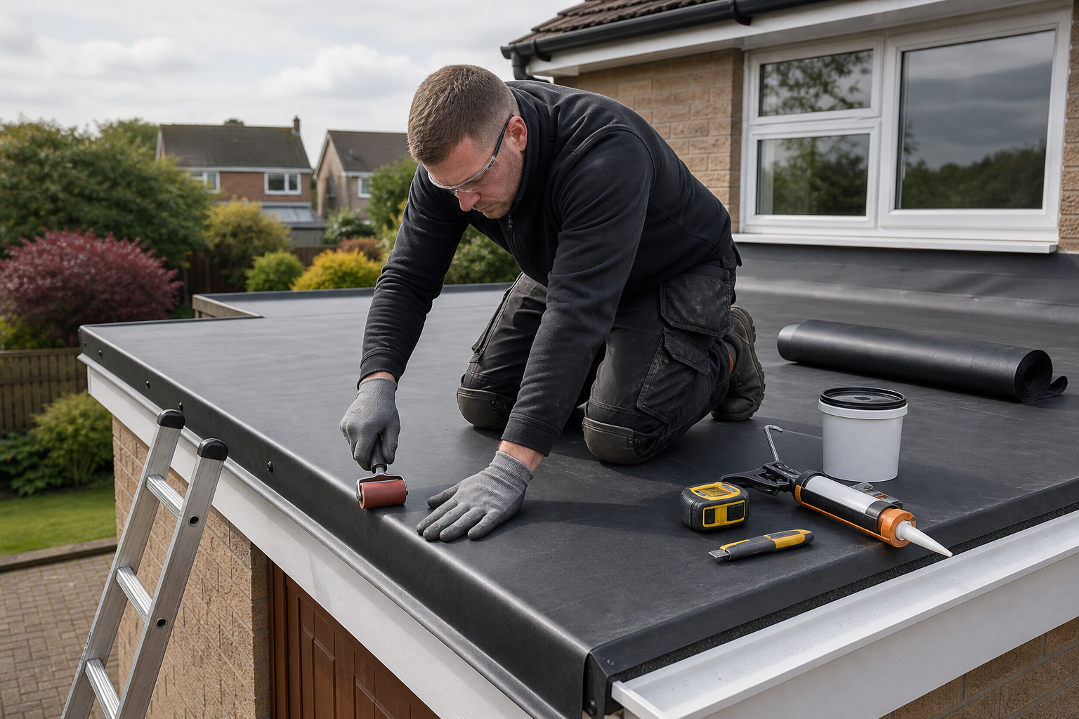 Worker kneeling on a flat roof applying rubber membrane with tools nearby.