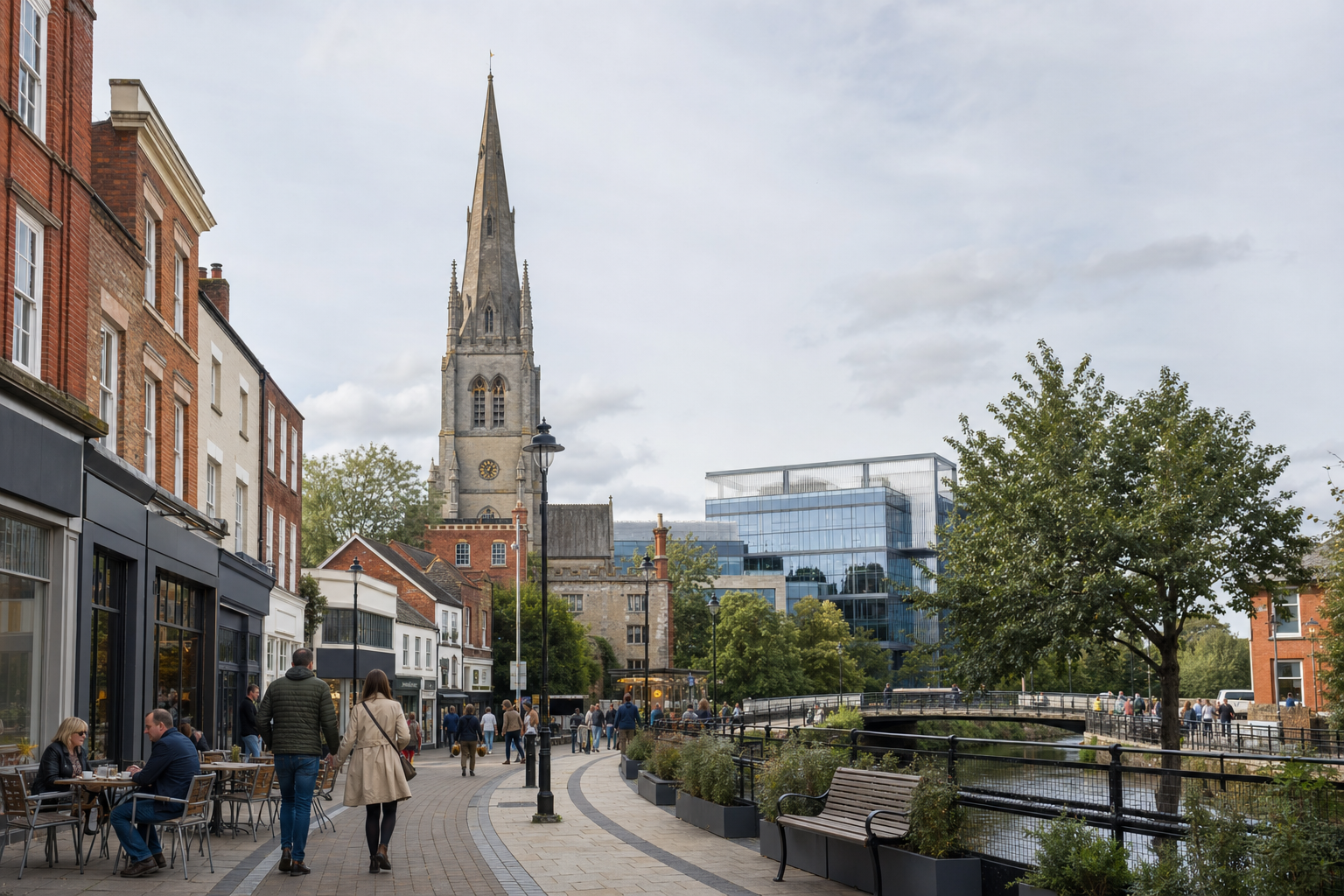 A cobbled street in a bustling town centre, with people walking by a church and modern glass buildings.