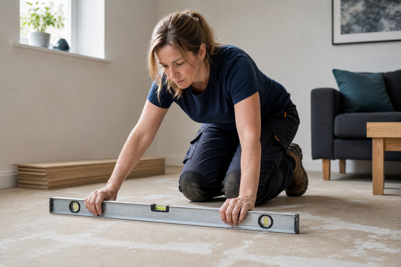 A woman kneels on the floor, using a spirit level for precise alignment in a living room being prepared for new flooring.