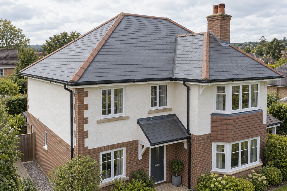 A two-storey brick and cream-rendered house with a grey tiled roof and lush garden surrounds.