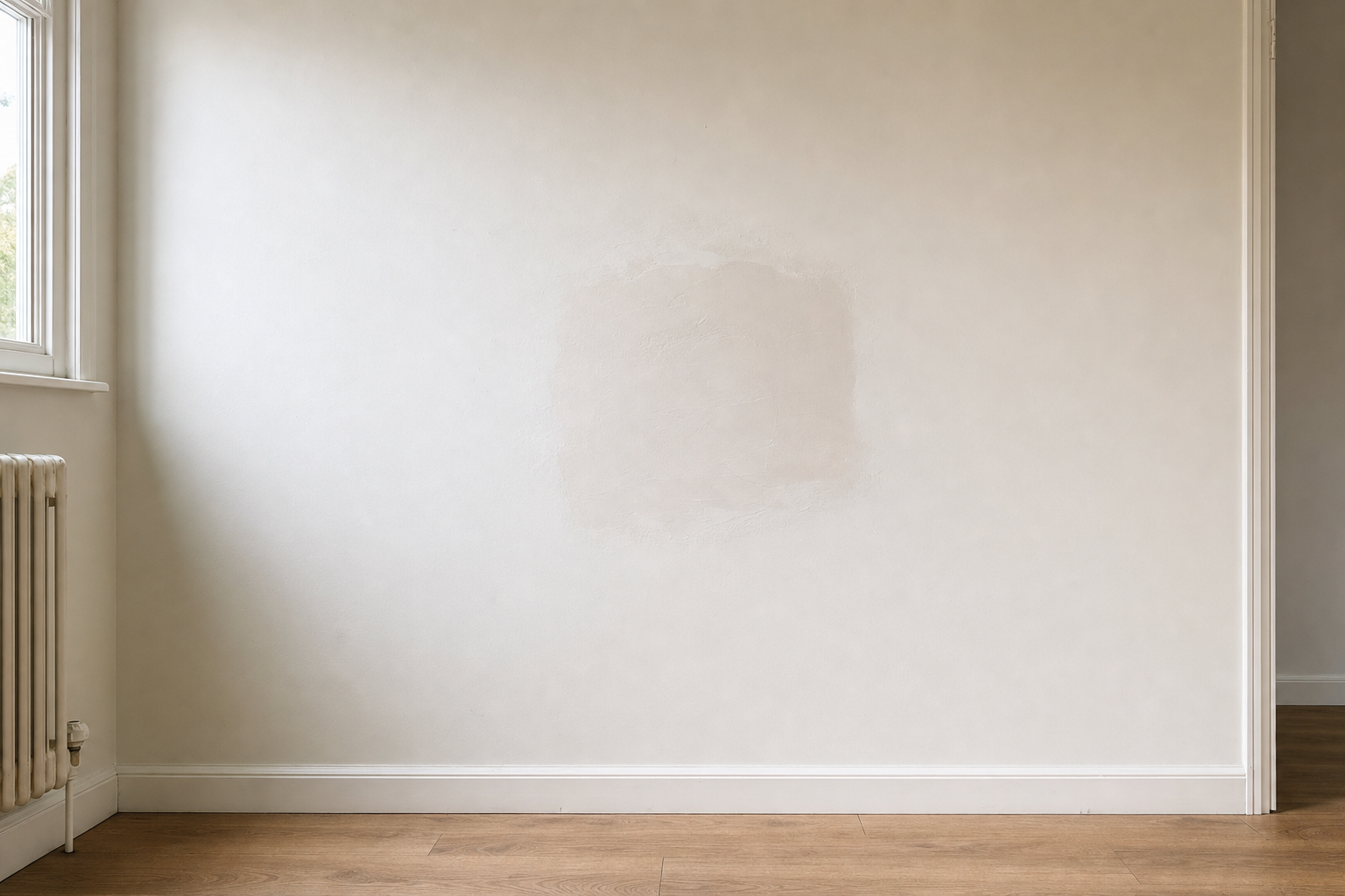 Cream-coloured wall with a square patch in the middle, next to a window and radiator, above a wooden floor.