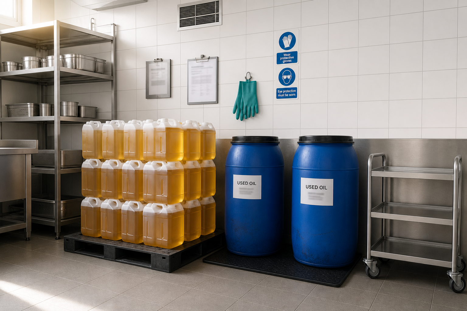 Kitchen storage area with stacked oil containers, blue barrels labeled "used oil," and safety signs on the wall.